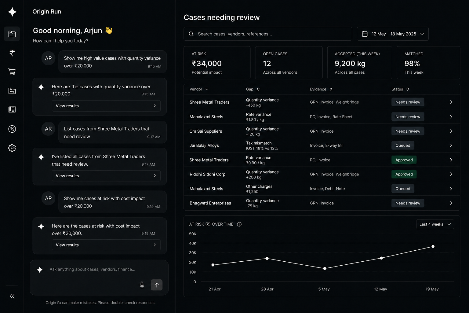 Origin AI assistant beside the Cases needing review dashboard, with at-risk metrics, vendor gaps, and evidence status.