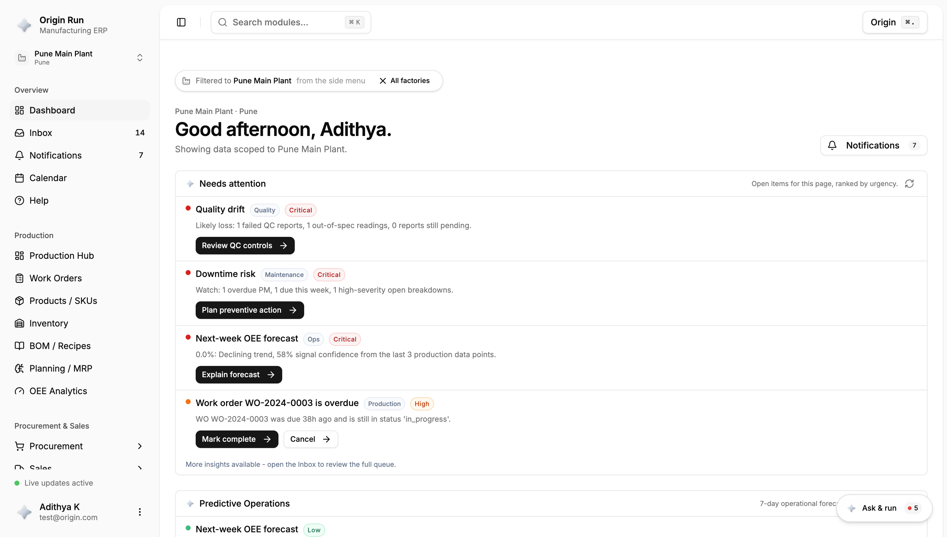 Origin Run production, quality and inventory in one workspace